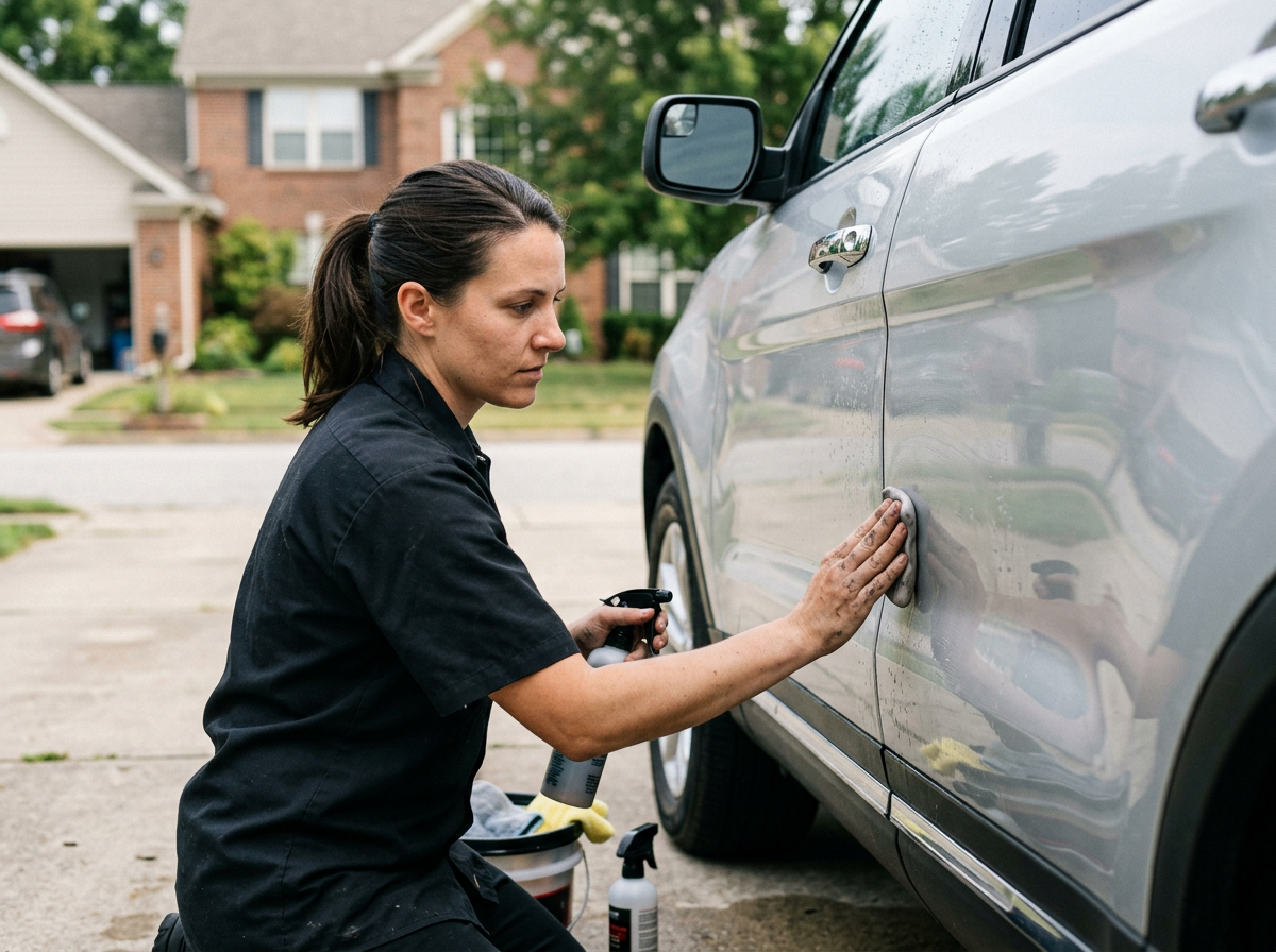 Professional detailer clay-barring a silver SUV door panel in a residential driveway