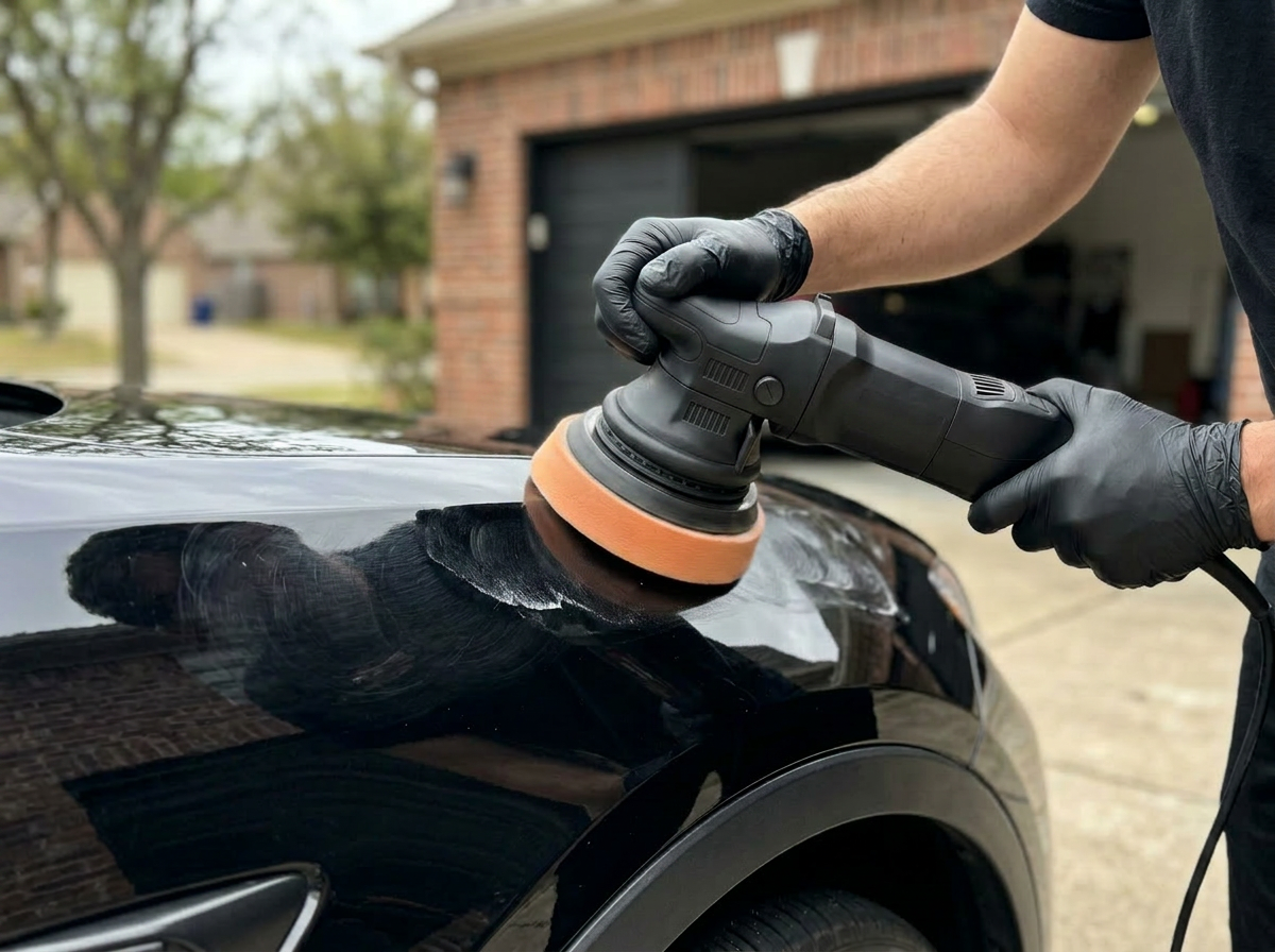 Dual-action polisher correcting swirl marks on a black fender in a Lutz, FL detailing studio
