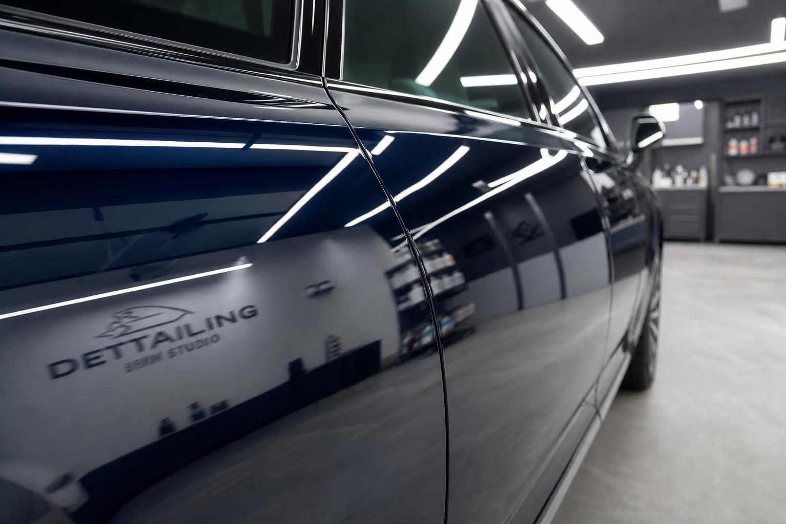 Glossy dark car panel with mirror-like reflection in a professional detailing studio