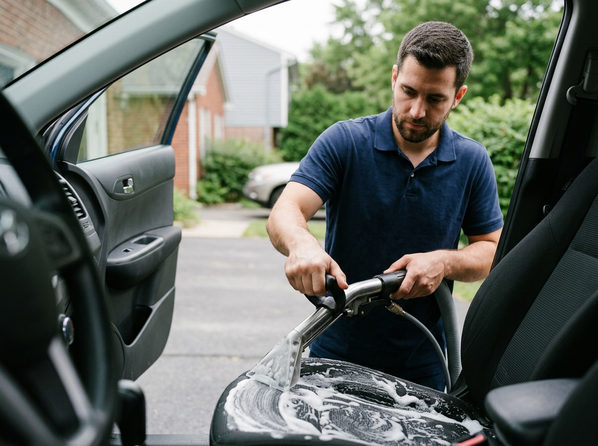 Hot-water carpet extractor wand deep-cleaning a car floor mat with visible clean stripe