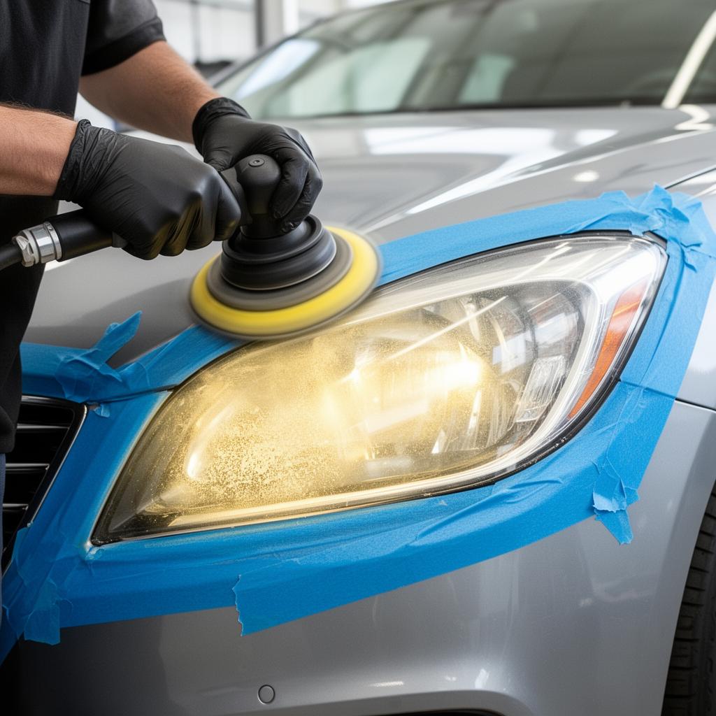 Cordless orbital sander restoring a yellowed headlight lens — half cleared, half oxidized