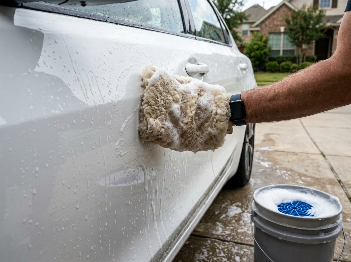 Lambswool wash mitt soaping a white car door with two-bucket method bucket nearby