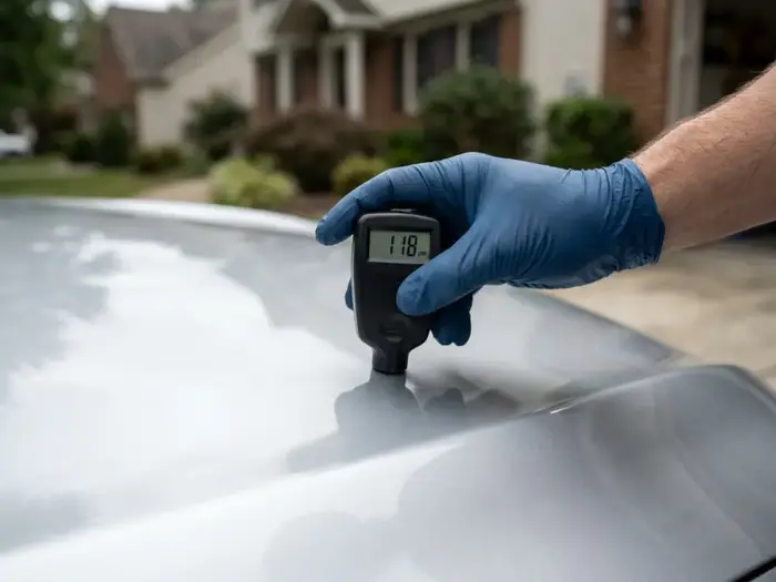 Paint thickness gauge measuring car panel