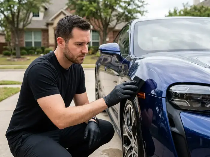 Detailer applying ceramic coating with applicator block to a dark sedan in a residential driveway