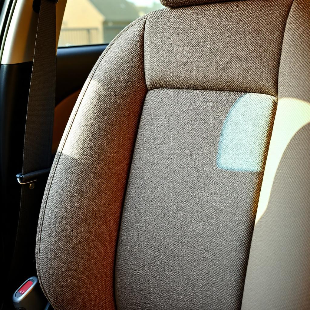 After interior detailing — freshly shampooed and steam-cleaned tan cloth driver seat looking like new