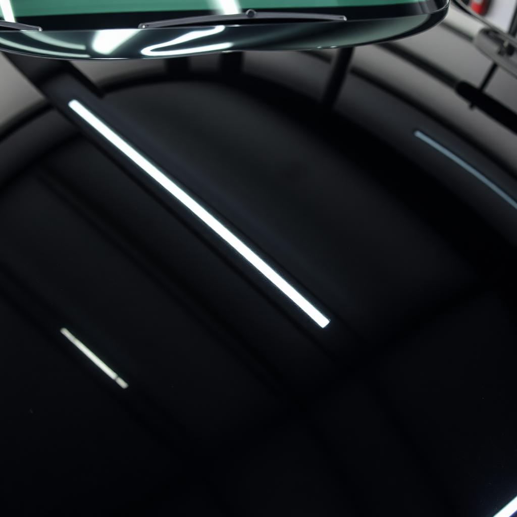 After paint correction — mirror-finish black sedan hood with crisp light bar reflections in Lutz, FL