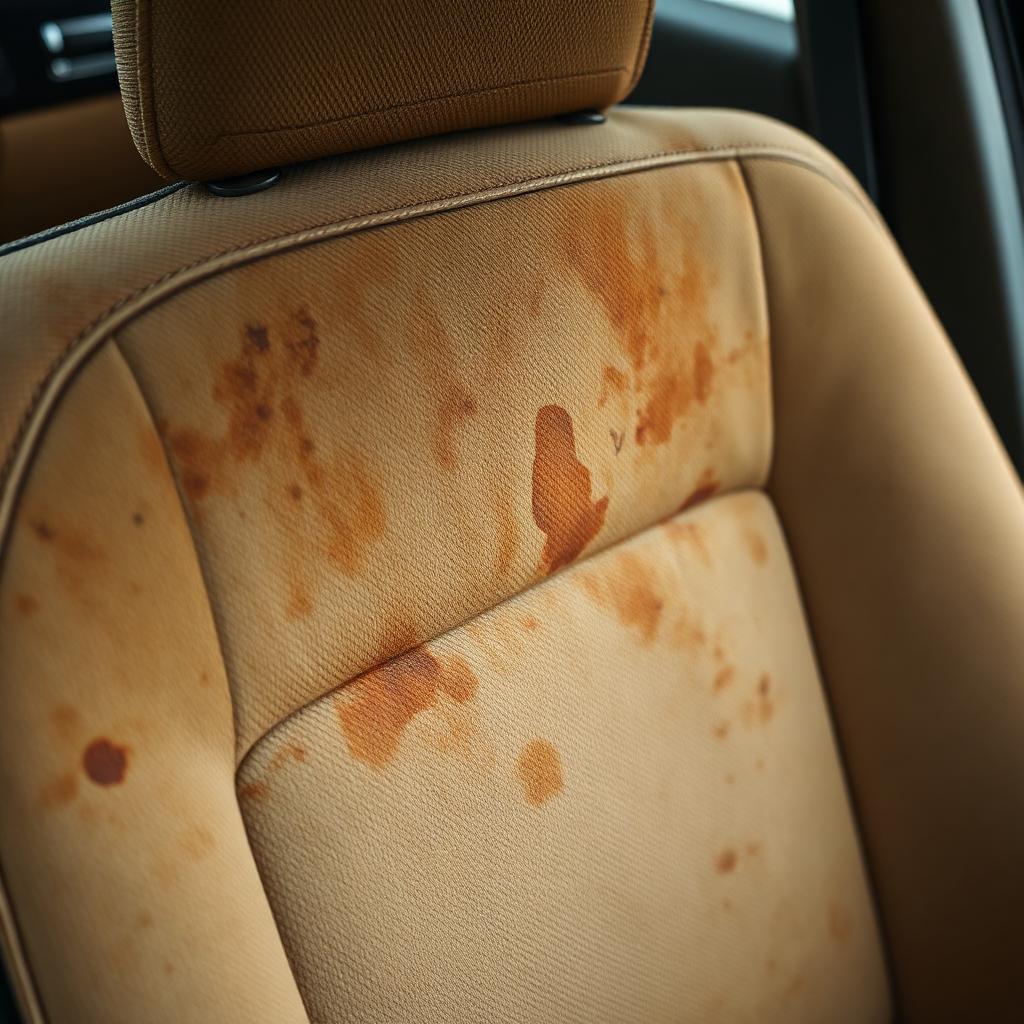 Before interior detailing — heavily stained tan cloth driver seat with set-in spills