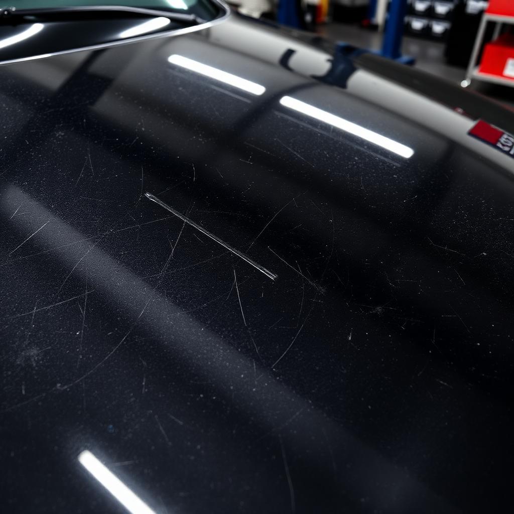 Before paint correction — heavy swirl marks and oxidation on a black sedan hood in Lutz, FL
